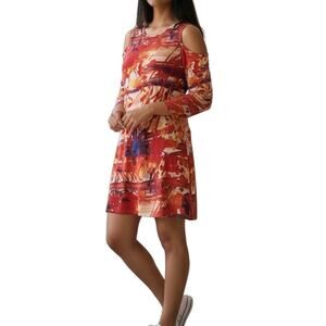 Dolce Bianca Watercolor Beach Dress M – Cold Shoulder Bodycon/Shift Fit